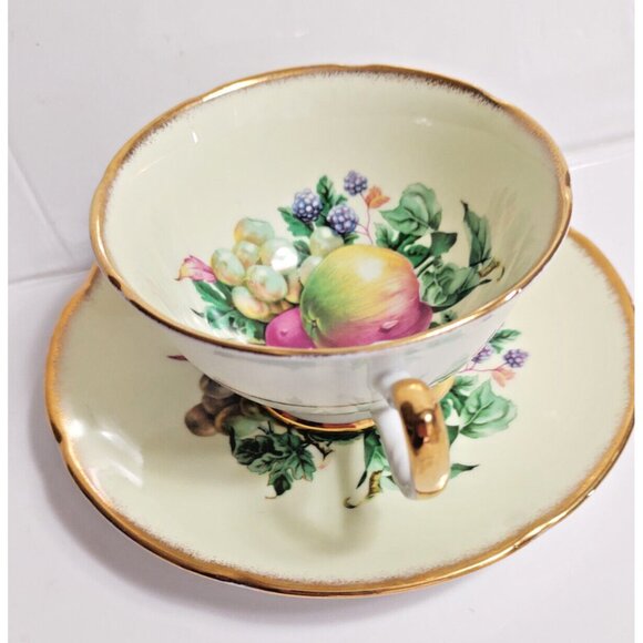 Royal Grafton England Fine Bone China Cup & Saucer Set Apples & Grapes 1930's - Picture 4 of 13